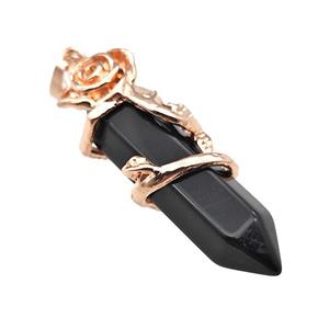 Black Obsidian Prism Pendant Cone Alloy Flower Wrapped Rose Gold, approx 10-40mm