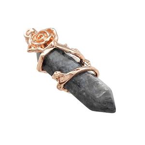 Black Labradorite Prism Pendant Cone Alloy Flower Wrapped Rose Gold, approx 10-40mm