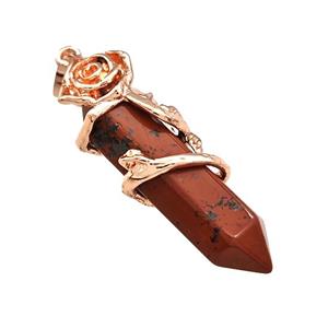 Natural Red Jasper Prism Pendant Cone Alloy Flower Wrapped Rose Gold, approx 10-40mm
