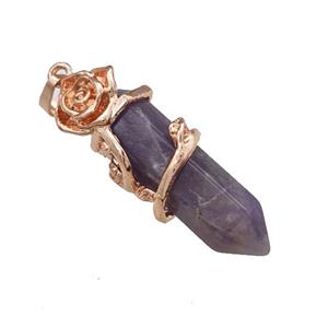 Natural Purple Amethyst Prism Pendant Cone Alloy Flower Wrapped Rose Gold, approx 10-40mm