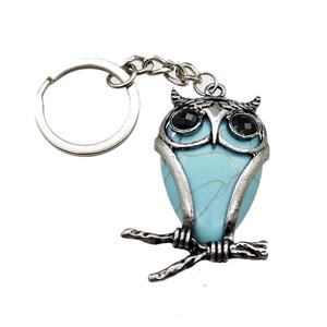 Owl Charms Keychain With Synthetic Turquoise Alloy Platinum Plated, approx 26-40mm, 25mm