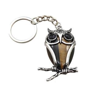 Owl Charms Keychain With Tiger Eye Stone Alloy Platinum Plated, approx 26-40mm, 25mm