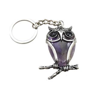 Owl Charms Keychain With Amethyst Alloy Platinum Plated, approx 26-40mm, 25mm