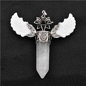 White Shell Angel Wings Pendant With Clear Quartz Prism Antique Silver, approx 14-55mm, 80mm
