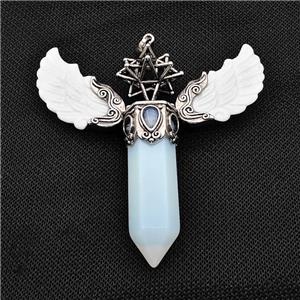 White Shell Angel Wings Pendant With White Opalite Prism Antique Silver, approx 14-55mm, 80mm