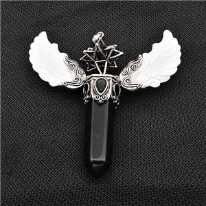 White Shell Angel Wings Pendant With Black Obsidian Prism Antique Silver, approx 14-55mm, 80mm