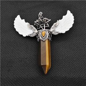 White Shell Angel Wings Pendant With Tiger Eye Stone Prism Antique Silver, approx 14-55mm, 80mm