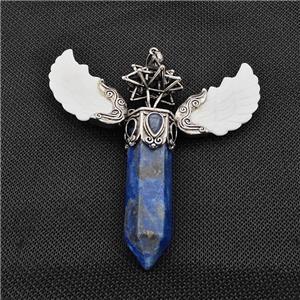 White Shell Angel Wings Pendant With Lapis Lazuli Prism Antique Silver, approx 14-55mm, 80mm