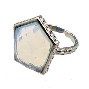 White Opalite Pentagon Rings Copper Shield Adjustable Platinum Plated, approx 18-20mm, 18mm dia