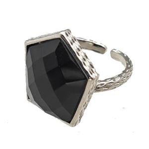 Black Obsidian Pentagon Rings Copper Shield Adjustable Platinum Plated, approx 18-20mm, 18mm dia