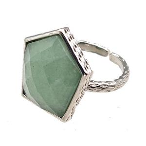 Green Aventurine Pentagon Rings Copper Shield Adjustable Platinum Plated, approx 18-20mm, 18mm dia