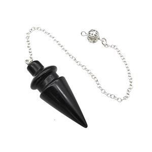 Natural Black Obsidian Dowsing Pendulum Pendant With Chain Platinum Plated, approx 18-48mm, 16cm length