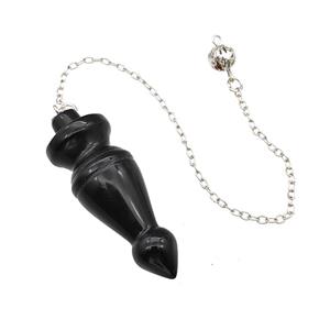 Natural Black Obsidian Dowsing Pendulum Pendant With Chain Platinum Plated, approx 18-50mm, 16cm length