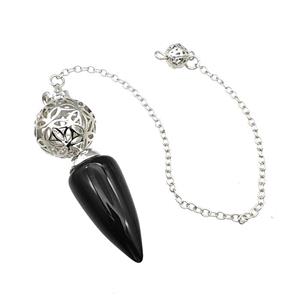 Natural Black Obsidian Dowsing Pendulum Pendant With Copper Hollow Ball Chain Platinum, approx 15-30mm, 18mm, 16cm length