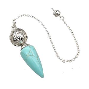 Synthetic Turquoise Dowsing Pendulum Pendant With Copper Hollow Ball Chain Platinum, approx 15-30mm, 18mm, 16cm length