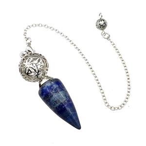Natural Blue Lapis Lazuli Dowsing Pendulum Pendant With Copper Hollow Ball Chain Platinum, approx 15-30mm, 18mm, 16cm length