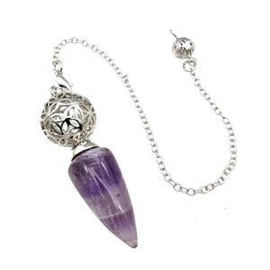 Natural Purple Amethyst Dowsing Pendulum Pendant With Copper Hollow Ball Chain Platinum, approx 15-30mm, 18mm, 16cm length