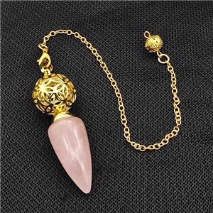 Natural Rose Quartz Dowsing Pendulum Pendant With Copper Hollow Ball Chain Gold Plated, approx 15-30mm, 18mm, 16cm length