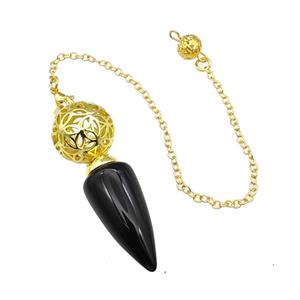 Natural Black Obsidian Dowsing Pendulum Pendant With Copper Hollow Ball Chain Gold Plated, approx 15-30mm, 18mm, 16cm length