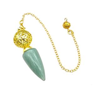 Natural Green Aventurine Dowsing Pendulum Pendant With Copper Hollow Ball Chain Gold Plated, approx 15-30mm, 18mm, 16cm length