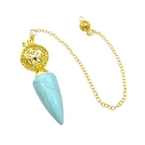 Synthetic Turquoise Dowsing Pendulum Pendant With Copper Hollow Ball Chain Gold Plated, approx 15-30mm, 18mm, 16cm length