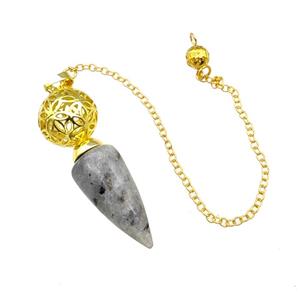 Natural Labradorite Dowsing Pendulum Pendant With Copper Hollow Ball Chain Gold Plated, approx 15-30mm, 18mm, 16cm length