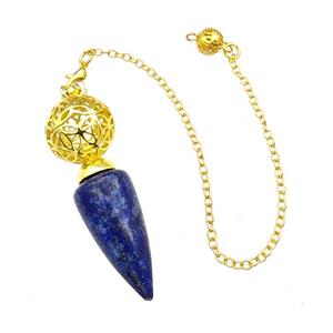 Natural Blue Lapis Lazuli Dowsing Pendulum Pendant With Copper Hollow Ball Chain Gold Plated, approx 15-30mm, 18mm, 16cm length