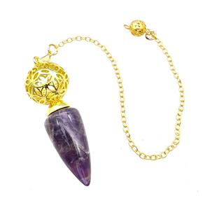 Natural Purple Amethyst Dowsing Pendulum Pendant With Copper Hollow Ball Chain Gold Plated, approx 15-30mm, 18mm, 16cm length