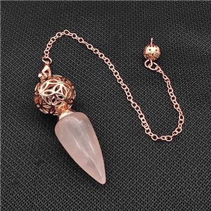 Natural Pink Rose Quartz Dowsing Pendulum Pendant With Copper Hollow Ball Chain Rose Gold, approx 15-30mm, 18mm, 16cm length