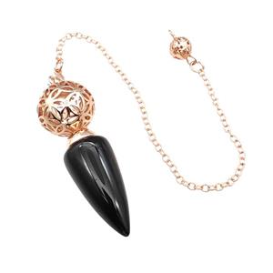 Natural Black Obsidian Dowsing Pendulum Pendant With Copper Hollow Ball Chain Rose Gold, approx 15-30mm, 18mm, 16cm length