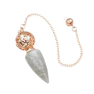 Natural Labradorite Dowsing Pendulum Pendant With Copper Hollow Ball Chain Rose Gold, approx 15-30mm, 18mm, 16cm length