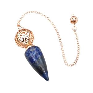 Natural Blue Lapis Lazuli Dowsing Pendulum Pendant With Copper Hollow Ball Chain Rose Gold, approx 15-30mm, 18mm, 16cm length