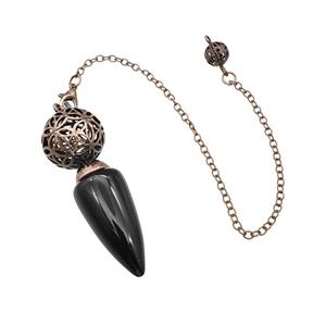 Natural Black Obsidian Dowsing Pendulum Pendant With Copper Hollow Ball Chain Antique Red, approx 15-30mm, 18mm, 16cm length