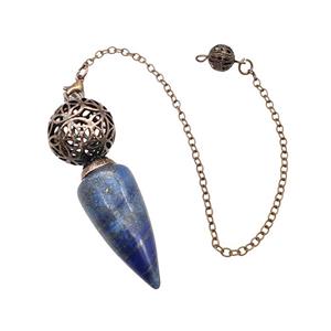 Natural Blue Lapis Lazuli Dowsing Pendulum Pendant With Copper Hollow Ball Chain Antique Red, approx 15-30mm, 18mm, 16cm length