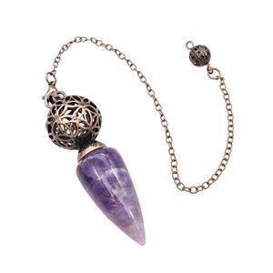 Natural Purple Amethyst Dowsing Pendulum Pendant With Copper Hollow Ball Chain Antique Red, approx 15-30mm, 18mm, 16cm length