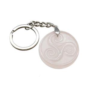 Pink Rose Quartz Triskelion Keychain Circle Alloy Platinum Plated, approx 32mm, 25mm