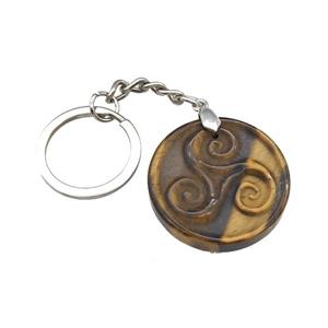Tiger Eye Stone Triskelion Keychain Circle Alloy Platinum Plated, approx 32mm, 25mm