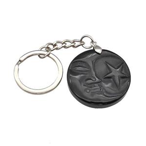 Black Obsidian MoonStar Keychain Circle Alloy Platinum Plated, approx 32mm, 25mm
