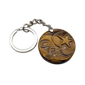 Tiger Eye Stone MoonStar Keychain Circle Alloy Platinum Plated, approx 32mm, 25mm