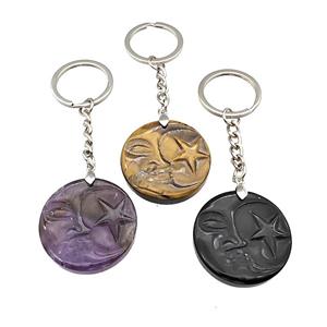 Natural Gemstone MoonStar Keychain Circle Alloy Platinum Plated Mixed, approx 32mm, 25mm