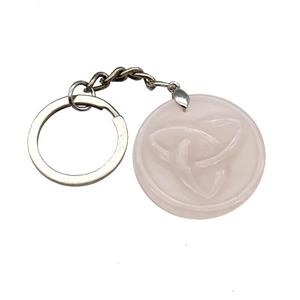 Pink Rose Quartz Trinity Keychain Circle Alloy Platinum Plated, approx 32mm, 25mm