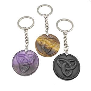 Natural Gemstone Trinity Keychain Circle Alloy Platinum Plated Mixed, approx 32mm, 25mm