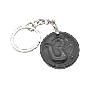 Black Obsidian Hinduism Keychain OM Circle Alloy Platinum Plated, approx 32mm, 25mm