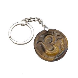 Tiger Eye Stone Hinduism Keychain OM Circle Alloy Platinum Plated, approx 32mm, 25mm