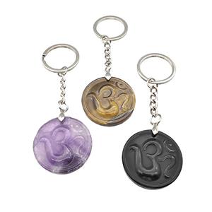 Natural Gemstone Hinduism Keychain OM Circle Alloy Platinum Plated Mixed, approx 32mm, 25mm