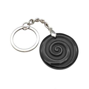 Black Obsidian Spiral Keychain Circle Alloy Platinum Plated, approx 32mm, 25mm