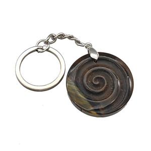 Tiger Eye Stone Spiral Keychain Circle Alloy Platinum Plated, approx 32mm, 25mm