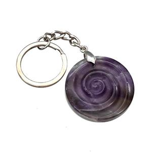 Purple Amethyst Spiral Keychain Circle Alloy Platinum Plated, approx 32mm, 25mm