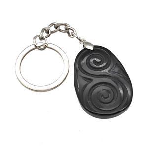 Black Obsidian Spiral Keychain Flat Teardrop Alloy Platinum Plated, approx 25-35mm, 25mm