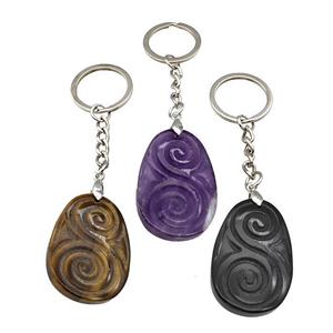 Natural Gemstone Spiral Keychain Flat Teardrop Alloy Platinum Plated Mixed, approx 25-35mm, 25mm
